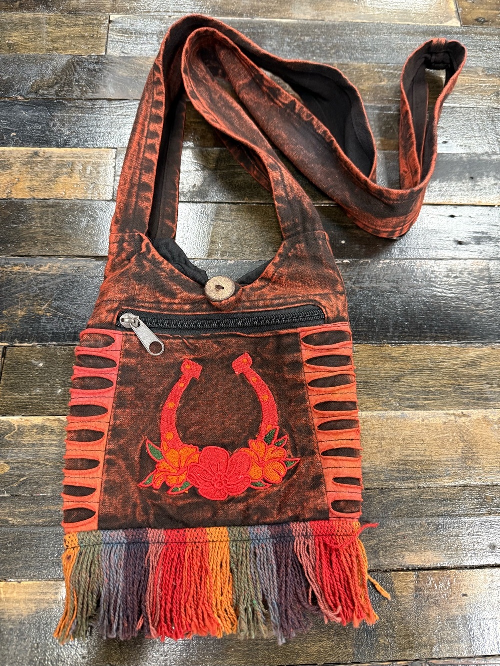 The Collection Royal Boho Horseshoe Floral Embroidered Crossbody Bag Fringe